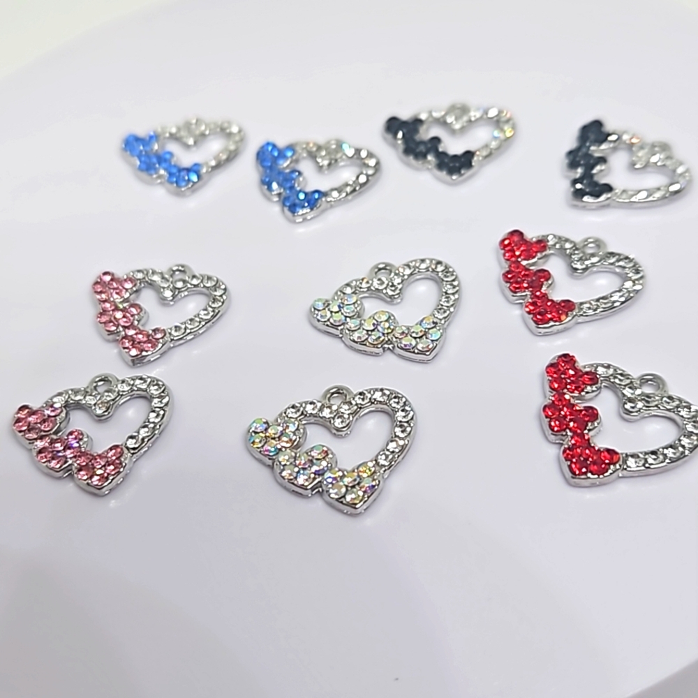 Elegant Heart Pendants with Rhinestones.  10 Charms, 2 each Color.